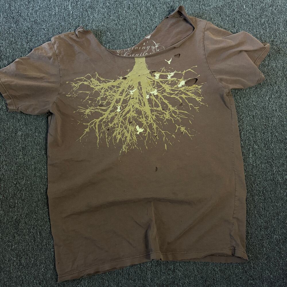 Vintage Y2k Distressed Brown Tree Nature Root Short Sleeve Graphic Tee Medium